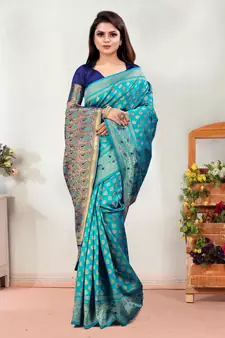 Dark Green Woven Banarasi silk blend Saree With Blouse