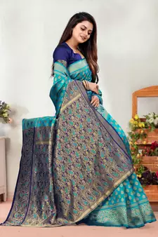Dark Green Woven Banarasi silk blend Saree With Blouse