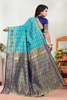 Dark Green Woven Banarasi silk blend Saree With Blouse