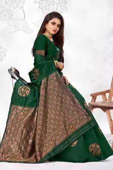 Dark Green Woven Banarasi silk blend Saree With Blouse