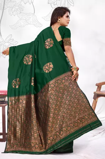 Dark Green Woven Banarasi silk blend Saree With Blouse