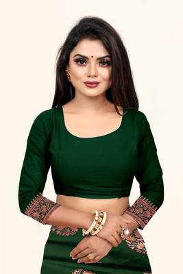 Dark Green Woven Banarasi silk blend Saree With Blouse 5