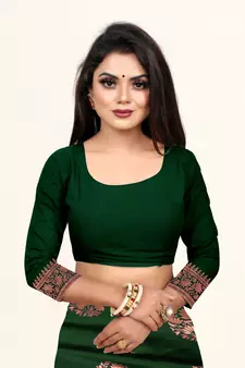 Dark Green Woven Banarasi silk blend Saree With Blouse