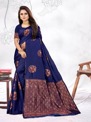 Navy Blue Woven Banarasi silk blend Saree With Blouse 1