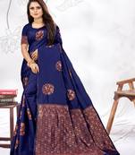 Navy Blue Woven Banarasi silk blend Saree With Blouse
