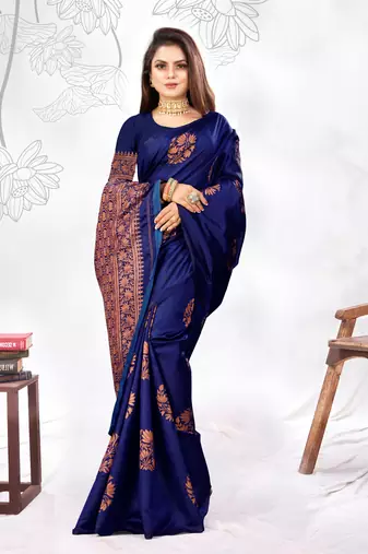 Navy Blue Woven Banarasi silk blend Saree With Blouse