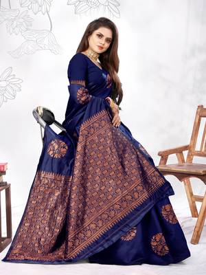 Navy Blue Woven Banarasi silk blend Saree With Blouse 3