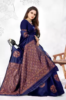 Navy Blue Woven Banarasi silk blend Saree With Blouse