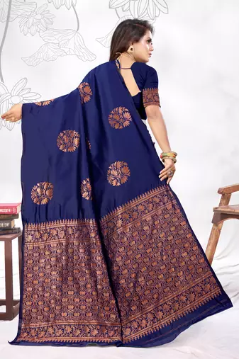 Navy Blue Woven Banarasi silk blend Saree With Blouse