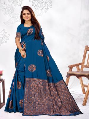 Dark Turquoise Woven Banarasi silk blend Saree With Blouse 1
