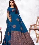 Dark Turquoise Woven Banarasi silk blend Saree With Blouse