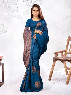 Dark Turquoise Woven Banarasi silk blend Saree With Blouse 2