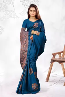 Dark Turquoise Woven Banarasi silk blend Saree With Blouse
