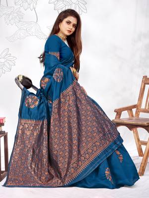 Dark Turquoise Woven Banarasi silk blend Saree With Blouse 3