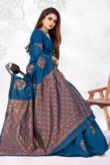 Dark Turquoise Woven Banarasi silk blend Saree With Blouse
