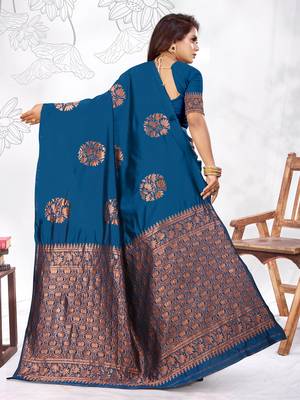 Dark Turquoise Woven Banarasi silk blend Saree With Blouse 4