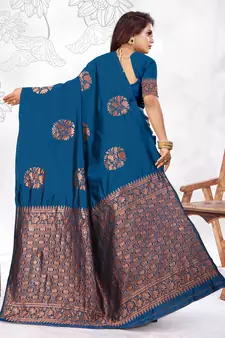 Dark Turquoise Woven Banarasi silk blend Saree With Blouse