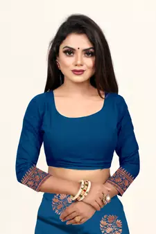 Dark Turquoise Woven Banarasi silk blend Saree With Blouse
