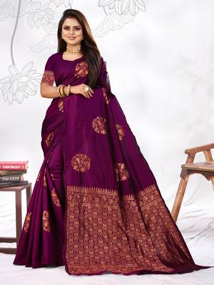 Wine Woven Banarasi Art Silk Saree With Blouse 1