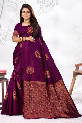 Wine Woven Banarasi Art Silk Saree With Blouse