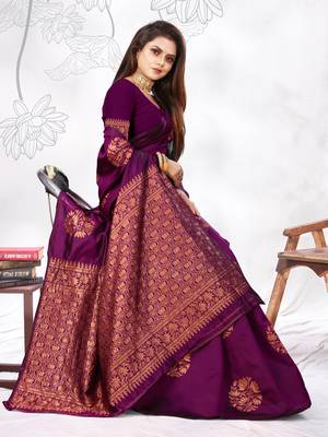 Wine Woven Banarasi Art Silk Saree With Blouse 4