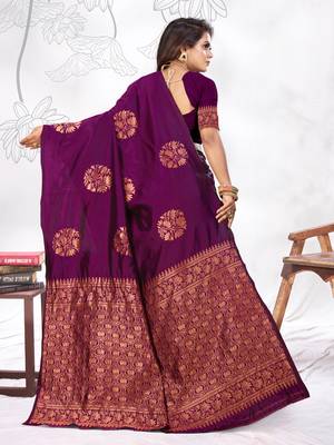 Wine Woven Banarasi Art Silk Saree With Blouse 5