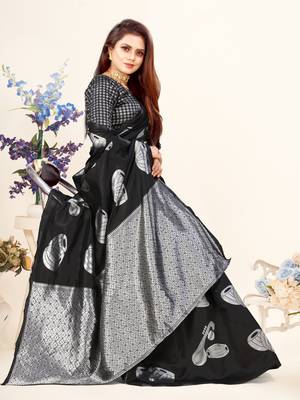 Black Woven Banarasi silk blend Saree With Blouse 3
