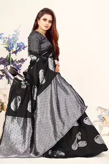 Black Woven Banarasi silk blend Saree With Blouse