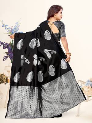 Black Woven Banarasi silk blend Saree With Blouse 4