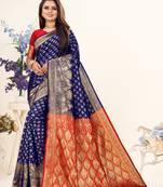 Navy Blue Woven Faux Banarasi Art Silk Saree With Blouse