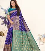 Blue Banarasi silk blend Saree With Blouse