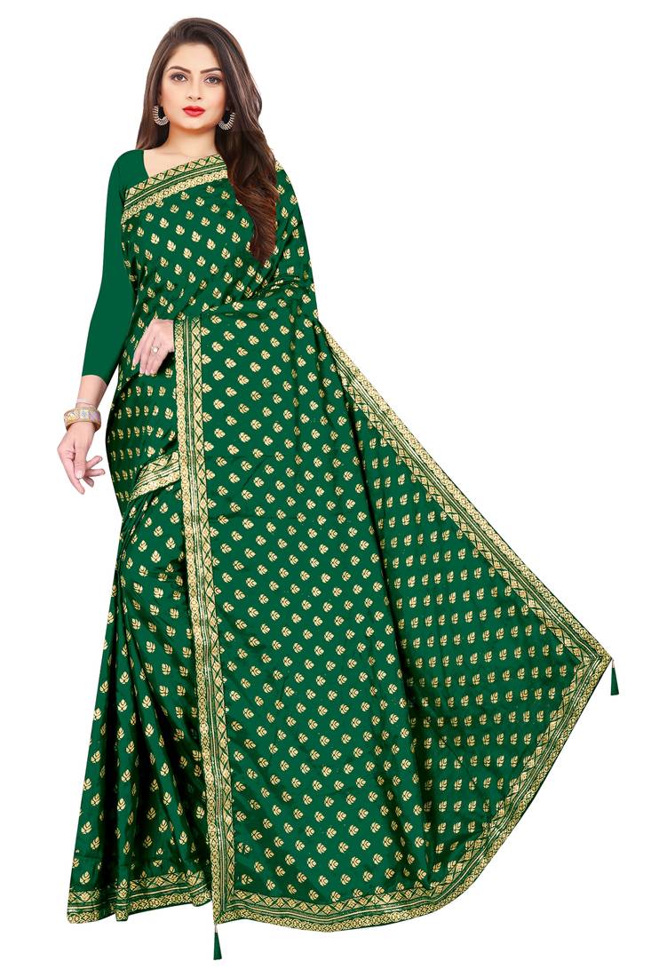 Green Chiffon Foil Print Saree With Blouse Piece