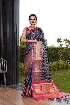 Navy blue hand woven banarasi silk saree with blouse