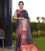 Navy blue hand woven banarasi silk saree with blouse