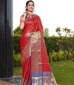 Red Hand Woven Banarasi silk blend Saree With Blouse
