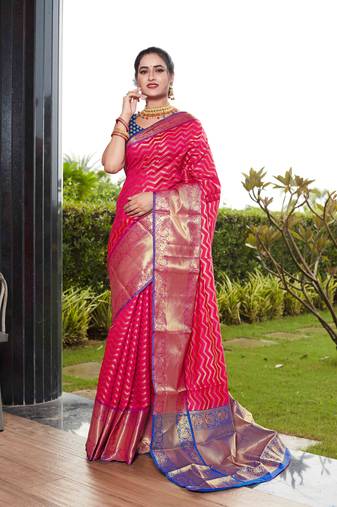 Pink hand woven banarasi silk saree with blouse