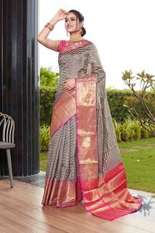 Grey hand woven banarasi silk saree with blouse