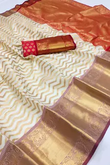 White Hand Woven Faux Banarasi Silk Saree With Blouse