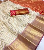 White Hand Woven Faux Banarasi Silk Saree With Blouse