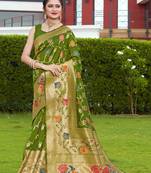 Green Hand Woven Banarasi silk blend Saree With Blouse