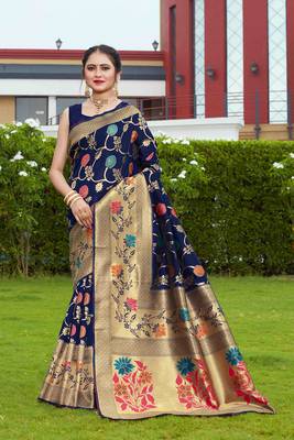 Navy Blue Hand Woven Banarasi silk blend Saree With Blouse 1