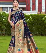 Navy Blue Hand Woven Banarasi silk blend Saree With Blouse