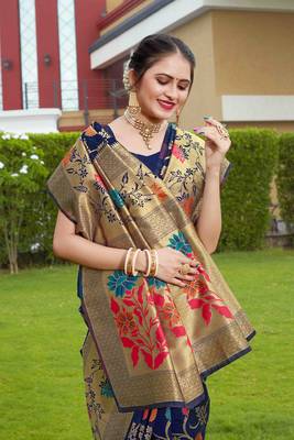 Navy Blue Hand Woven Banarasi silk blend Saree With Blouse 2