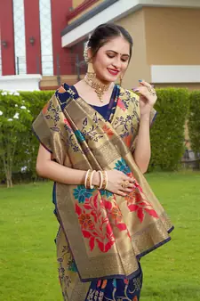 Navy Blue Hand Woven Banarasi silk blend Saree With Blouse