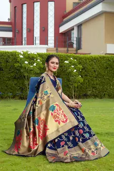 Navy Blue Hand Woven Banarasi silk blend Saree With Blouse