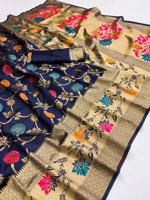 Navy Blue Hand Woven Banarasi silk blend Saree With Blouse 4
