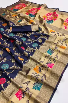 Navy Blue Hand Woven Banarasi silk blend Saree With Blouse