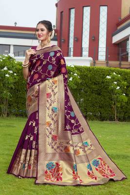Wine Hand Woven Banarasi silk blend Saree With Blouse 1