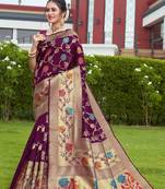 Wine Hand Woven Banarasi silk blend Saree With Blouse