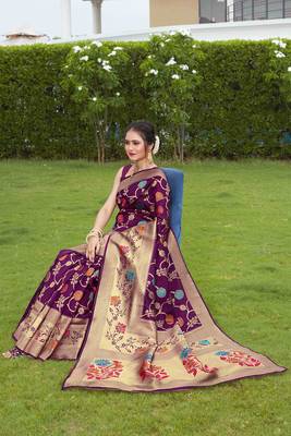 Wine Hand Woven Banarasi silk blend Saree With Blouse 2